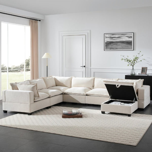 English Elm Video]117.5 Inch U Shaped Chenille Sectional Sofa with Storage Ottoman 7 Seat Modular Beige N723S7893A