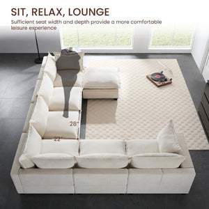 English Elm Video]117.5 Inch U Shaped Chenille Sectional Sofa with Storage Ottoman 7 Seat Modular Beige N723S7893A