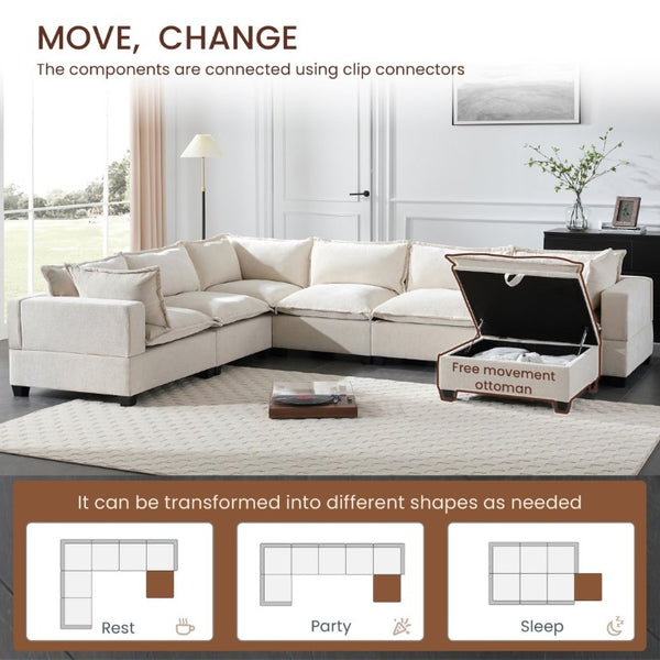 English Elm Video]117.5 Inch U Shaped Chenille Sectional Sofa with Storage Ottoman 7 Seat Modular Beige N723S7893A
