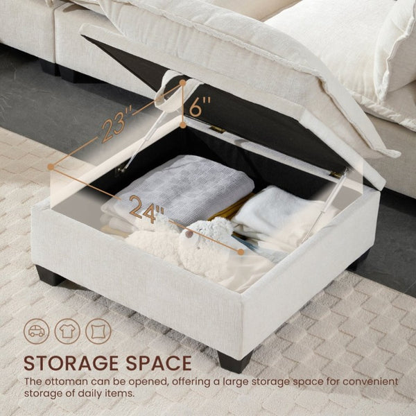 English Elm Video]117.5 Inch U Shaped Chenille Sectional Sofa with Storage Ottoman 7 Seat Modular Beige N723S7893A