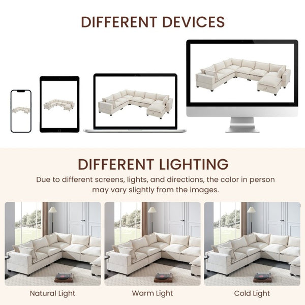 English Elm Video]117.5 Inch U Shaped Chenille Sectional Sofa with Storage Ottoman 7 Seat Modular Beige N723S7893A