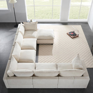 English Elm Video]117.5 Inch U Shaped Chenille Sectional Sofa with Storage Ottoman 7 Seat Modular Beige N723S7893A