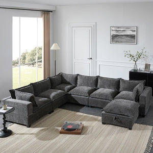 English Elm Video]117.5 Inch U Shaped Chenille Sectional Sofa with Storage Ottoman 7 Seat Modular Gray N723S7893E