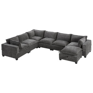 English Elm Video]117.5 Inch U Shaped Chenille Sectional Sofa with Storage Ottoman 7 Seat Modular Gray N723S7893E