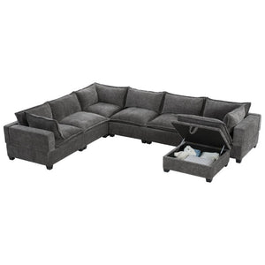 English Elm Video]117.5 Inch U Shaped Chenille Sectional Sofa with Storage Ottoman 7 Seat Modular Gray N723S7893E