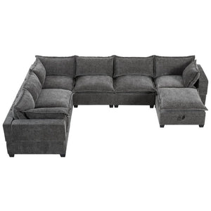 English Elm Video]117.5 Inch U Shaped Chenille Sectional Sofa with Storage Ottoman 7 Seat Modular Gray N723S7893E