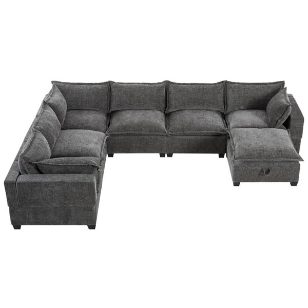 English Elm Video]117.5 Inch U Shaped Chenille Sectional Sofa with Storage Ottoman 7 Seat Modular Gray N723S7893E