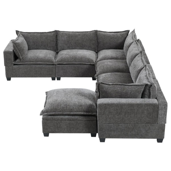 English Elm Video]117.5 Inch U Shaped Chenille Sectional Sofa with Storage Ottoman 7 Seat Modular Gray N723S7893E