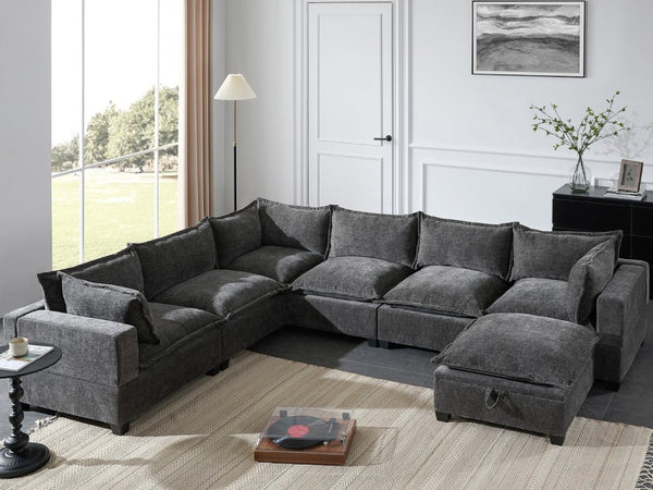 English Elm Video]117.5 Inch U Shaped Chenille Sectional Sofa with Storage Ottoman 7 Seat Modular Gray N723S7893E