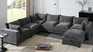 English Elm Video]117.5 Inch U Shaped Chenille Sectional Sofa with Storage Ottoman 7 Seat Modular Gray N723S7893E