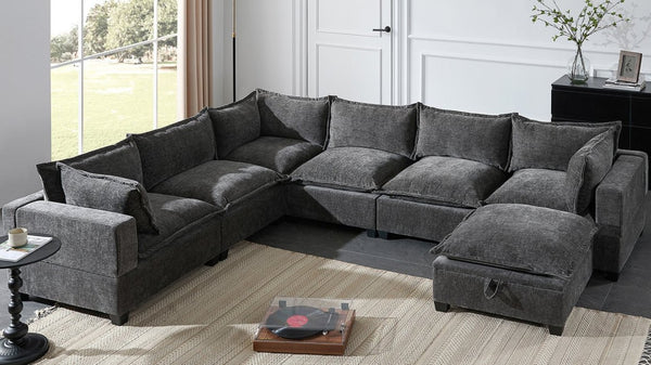 English Elm Video]117.5 Inch U Shaped Chenille Sectional Sofa with Storage Ottoman 7 Seat Modular Gray N723S7893E