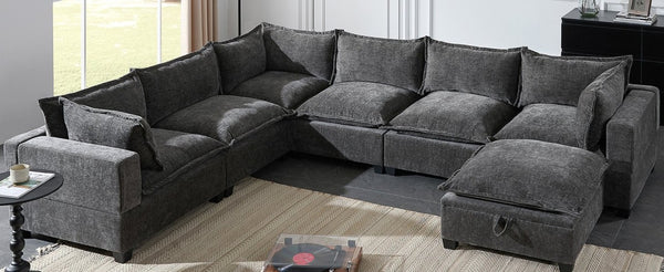 English Elm Video]117.5 Inch U Shaped Chenille Sectional Sofa with Storage Ottoman 7 Seat Modular Gray N723S7893E