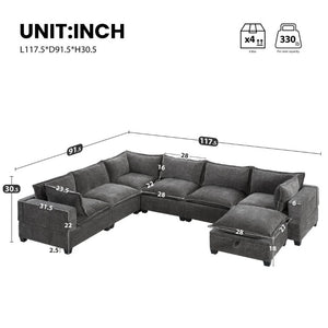 English Elm Video]117.5 Inch U Shaped Chenille Sectional Sofa with Storage Ottoman 7 Seat Modular Gray N723S7893E