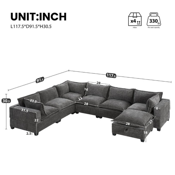 English Elm Video]117.5 Inch U Shaped Chenille Sectional Sofa with Storage Ottoman 7 Seat Modular Gray N723S7893E