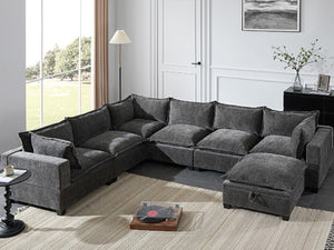 English Elm Video]117.5 Inch U Shaped Chenille Sectional Sofa with Storage Ottoman 7 Seat Modular Gray N723S7893E