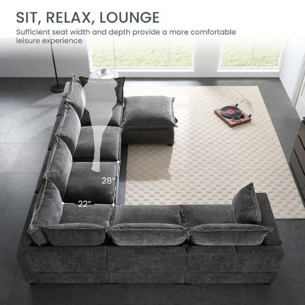English Elm Video]117.5 Inch U Shaped Chenille Sectional Sofa with Storage Ottoman 7 Seat Modular Gray N723S7893E