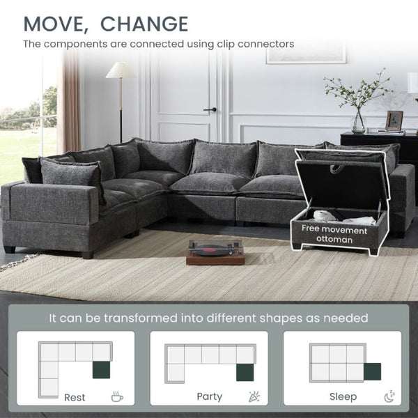 English Elm Video]117.5 Inch U Shaped Chenille Sectional Sofa with Storage Ottoman 7 Seat Modular Gray N723S7893E