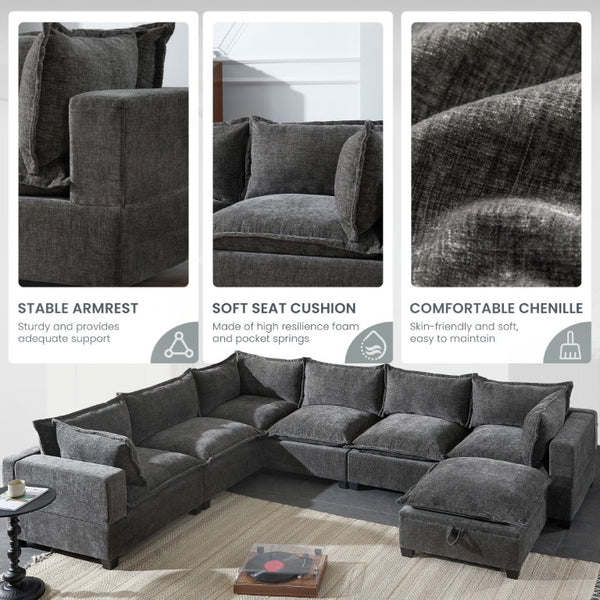 English Elm Video]117.5 Inch U Shaped Chenille Sectional Sofa with Storage Ottoman 7 Seat Modular Gray N723S7893E
