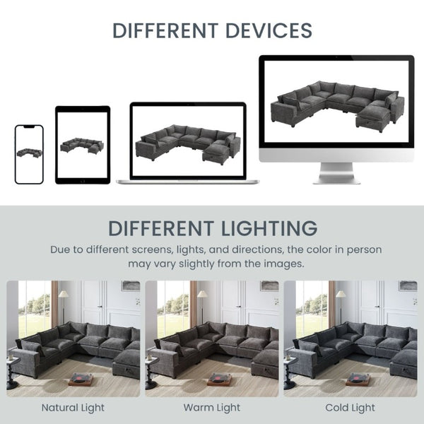 English Elm Video]117.5 Inch U Shaped Chenille Sectional Sofa with Storage Ottoman 7 Seat Modular Gray N723S7893E