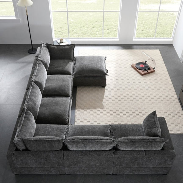 English Elm Video]117.5 Inch U Shaped Chenille Sectional Sofa with Storage Ottoman 7 Seat Modular Gray N723S7893E