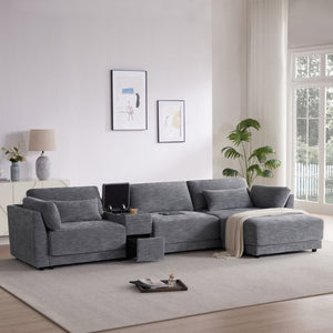 English Elm Video]124 Inch Chenille Sectional Sofa with Charging Console Pocket Spring Cushions Ottoman N723S8775E