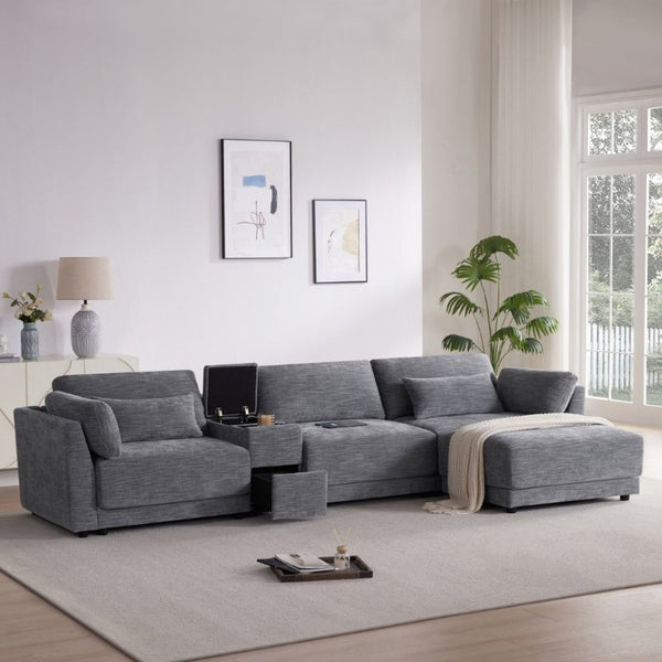 English Elm Video]124 Inch Chenille Sectional Sofa with Charging Console Pocket Spring Cushions Ottoman N723S8775E