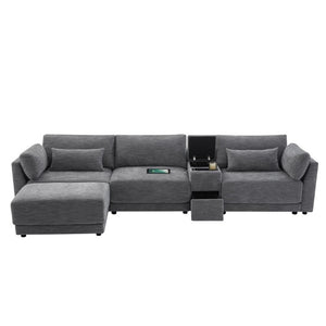 English Elm Video]124 Inch Chenille Sectional Sofa with Charging Console Pocket Spring Cushions Ottoman N723S8775E