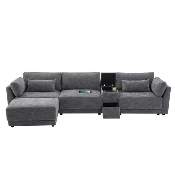 English Elm Video]124 Inch Chenille Sectional Sofa with Charging Console Pocket Spring Cushions Ottoman N723S8775E