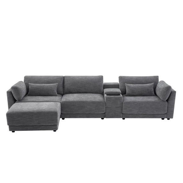 English Elm Video]124 Inch Chenille Sectional Sofa with Charging Console Pocket Spring Cushions Ottoman N723S8775E