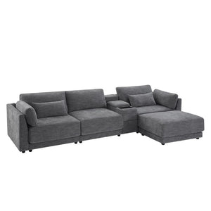 English Elm Video]124 Inch Chenille Sectional Sofa with Charging Console Pocket Spring Cushions Ottoman N723S8775E