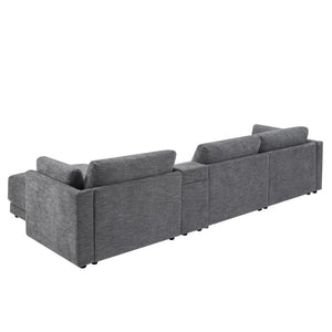 English Elm Video]124 Inch Chenille Sectional Sofa with Charging Console Pocket Spring Cushions Ottoman N723S8775E