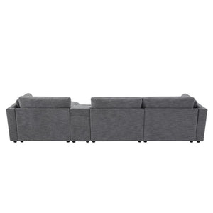 English Elm Video]124 Inch Chenille Sectional Sofa with Charging Console Pocket Spring Cushions Ottoman N723S8775E