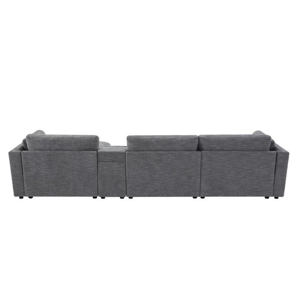 English Elm Video]124 Inch Chenille Sectional Sofa with Charging Console Pocket Spring Cushions Ottoman N723S8775E