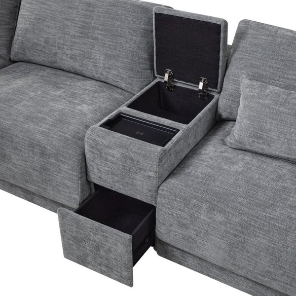 English Elm Video]124 Inch Chenille Sectional Sofa with Charging Console Pocket Spring Cushions Ottoman N723S8775E