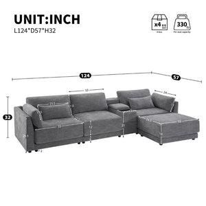 English Elm Video]124 Inch Chenille Sectional Sofa with Charging Console Pocket Spring Cushions Ottoman N723S8775E