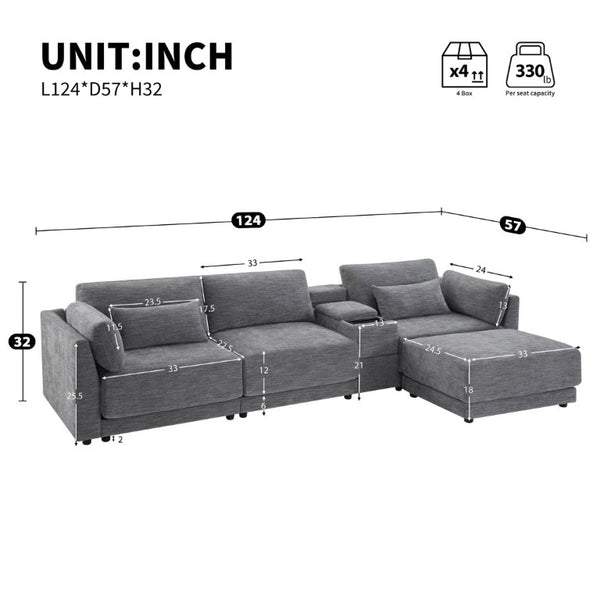 English Elm Video]124 Inch Chenille Sectional Sofa with Charging Console Pocket Spring Cushions Ottoman N723S8775E