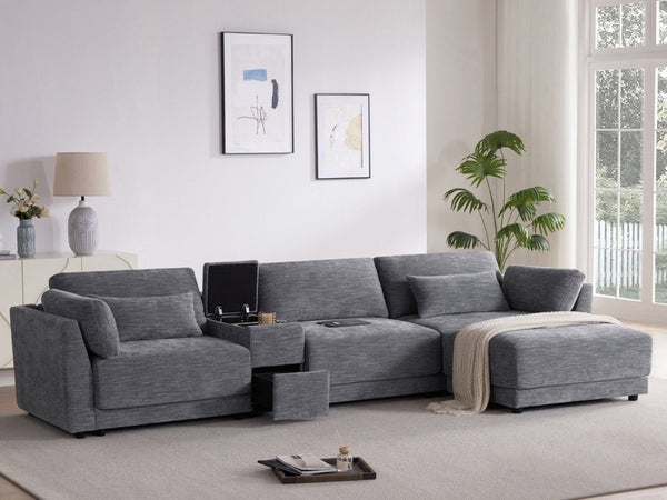 English Elm Video]124 Inch Chenille Sectional Sofa with Charging Console Pocket Spring Cushions Ottoman N723S8775E