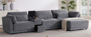 English Elm Video]124 Inch Chenille Sectional Sofa with Charging Console Pocket Spring Cushions Ottoman N723S8775E