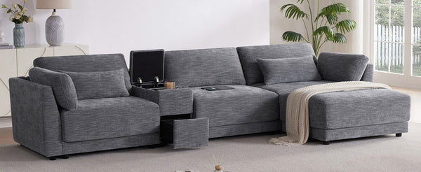 English Elm Video]124 Inch Chenille Sectional Sofa with Charging Console Pocket Spring Cushions Ottoman N723S8775E