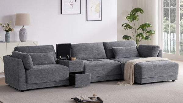 English Elm Video]124 Inch Chenille Sectional Sofa with Charging Console Pocket Spring Cushions Ottoman N723S8775E