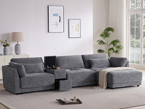 English Elm Video]124 Inch Chenille Sectional Sofa with Charging Console Pocket Spring Cushions Ottoman N723S8775E