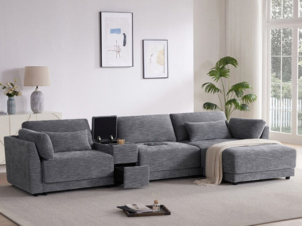 English Elm Video]124 Inch Chenille Sectional Sofa with Charging Console Pocket Spring Cushions Ottoman N723S8775E
