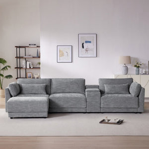 English Elm Video]124 Inch Chenille Sectional Sofa with Charging Console Pocket Spring Cushions Ottoman N723S8775E