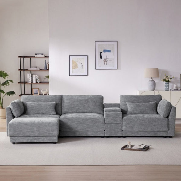 English Elm Video]124 Inch Chenille Sectional Sofa with Charging Console Pocket Spring Cushions Ottoman N723S8775E