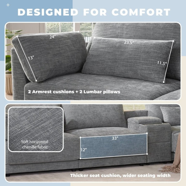 English Elm Video]124 Inch Chenille Sectional Sofa with Charging Console Pocket Spring Cushions Ottoman N723S8775E