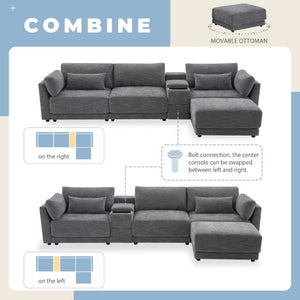 English Elm Video]124 Inch Chenille Sectional Sofa with Charging Console Pocket Spring Cushions Ottoman N723S8775E