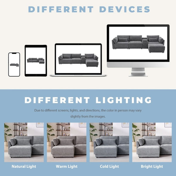 English Elm Video]124 Inch Chenille Sectional Sofa with Charging Console Pocket Spring Cushions Ottoman N723S8775E