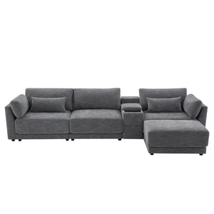 English Elm Video]124 Inch Chenille Sectional Sofa with Charging Console Pocket Spring Cushions Ottoman N723S8775E