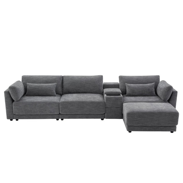 English Elm Video]124 Inch Chenille Sectional Sofa with Charging Console Pocket Spring Cushions Ottoman N723S8775E