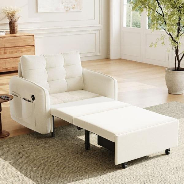 English Elm New Chenille Sleeper Chair Tufted Convertible Sofa Bed with USB Charging and Storage Beige N723S9614A